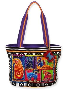 Laurel Burch Dog Tails Patchwork Medium Tote Bag Canvas Shoulder Handbag Multi